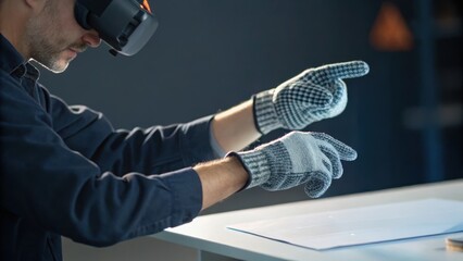 A person wearing a VR headset and gloves interacts with a digital interface, showcasing technology and innovation in a virtual environment.