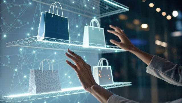 A person interacts with a digital display showcasing shopping bags, highlighting modern retail technology and consumer engagement.