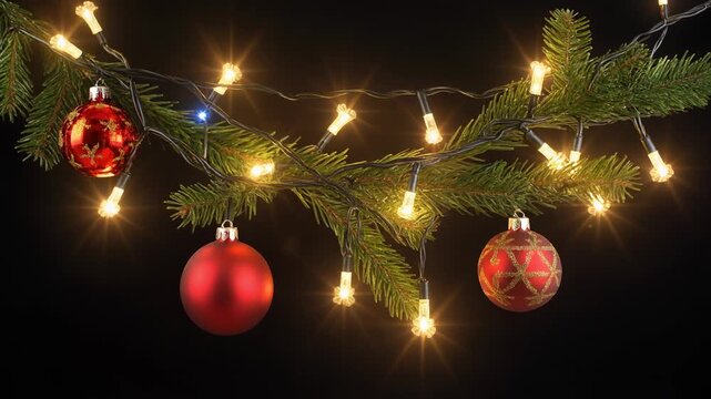 Christmas decorations with red ornaments and fairy lights on pine branches.