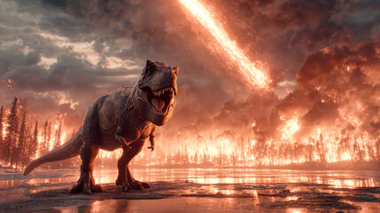 A Tyrannosaurus rex looks at the camera as a meteorite falls, causing fire and smoke in a dark sky and reflecting flames in a river