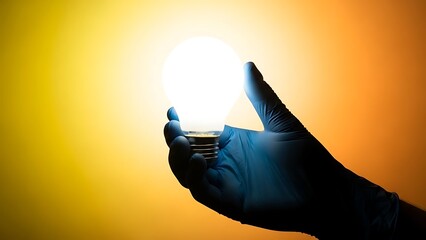 Gloved Hand Holding a Lit Light Bulb Against a Gradient Background