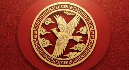 Golden phoenix bird with clouds and ornate border