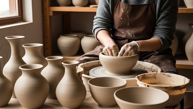 Person shaping clay on pottery wheel with various ceramic vases and bowls around - Powered by Adobe