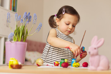 Little child girl paint Easter eggs at home. kid is preparing for Easter.