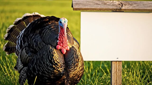 Domestic turkey bird standing near a blank wooden sign in green grass with natural sunlight