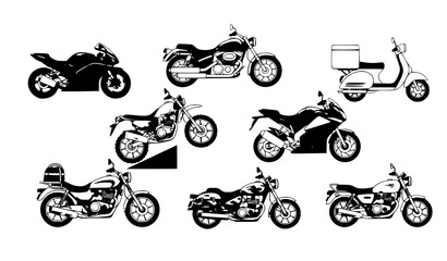 Obraz premium Colorful cartoon motorcycle vector set with urban, sport, delivery, and commuter bikes
