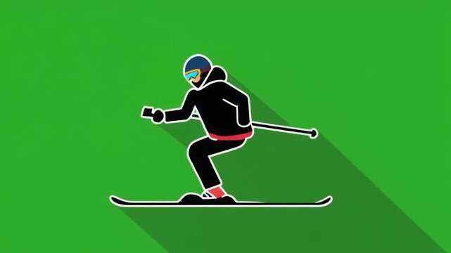 Illustration of a skier in action on a green background.