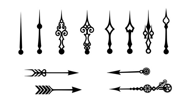 Black clock hands vector collection featuring retro, modern, and steampunk time pointers