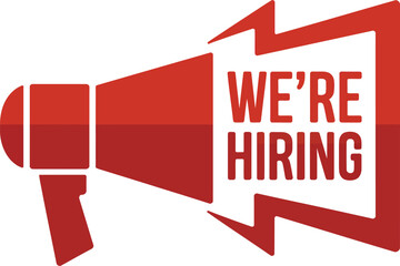 We&rsquo;re hiring megaphone label, recruitment announcement icon for job openings, career promotion and hiring campaign design, vector illustration