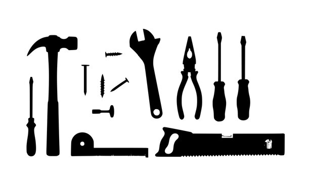 Vector construction tools set with screwdrivers, wrenches, screws, hammers, and home repair elements