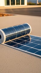 Rolled Solar Panel on Concrete Surface Near Building