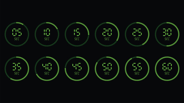 Digital countdown time interface displaying seconds from 5 to 60 in increments of 5. Neon green glowing numbers and circular progress bars on a black background.