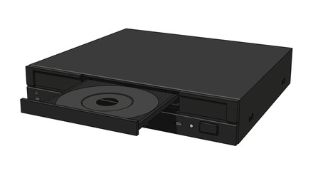 Obraz premium A sleek black DVD player with a partially ejected disc tray on a plain surface viewed from above