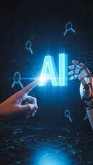 Human hand and robotic arm pointing at glowing A I letters on digital background