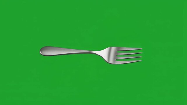 Silver fork on a green background, isolated cutlery.