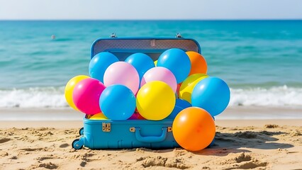 Colorful balloons spilling out of an open blue suitcase on a sandy beach