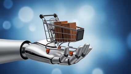 Robotic Hand Holding a Miniature Shopping Cart with Brown Boxes