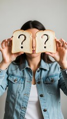 Woman Holding Two Slices of Bread with Question Marks in Front of Her Face