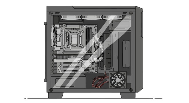 Detailed illustration of computer hardware components inside a desktop case viewed from the side