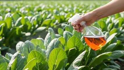 Hand Spraying Liquid on Green Leafy Plants in a Field 1