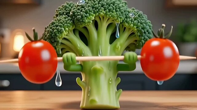 Funny Broccoli Character Lifting Tomato Weights - Healthy Lifestyle Animation
