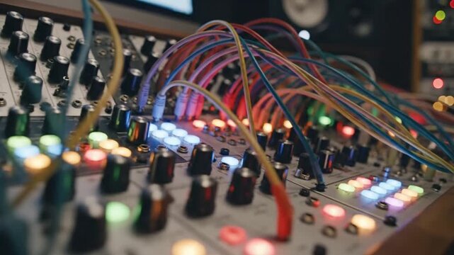Modular Synthesizer with Colorful Patch Cables and Glowing LEDs