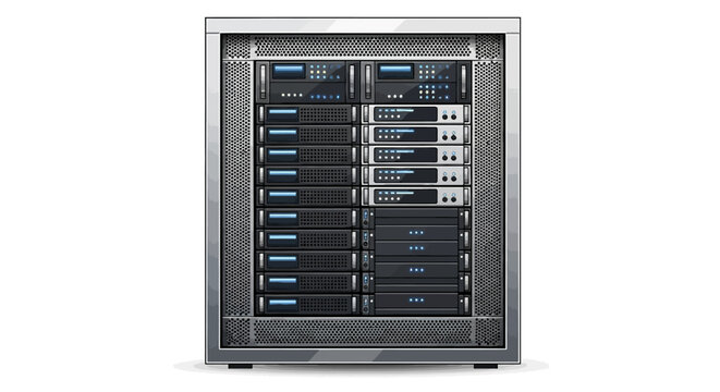 A high-performance server rack with multiple hard drives and a sleek metallic finish viewed from the front in a data center environment