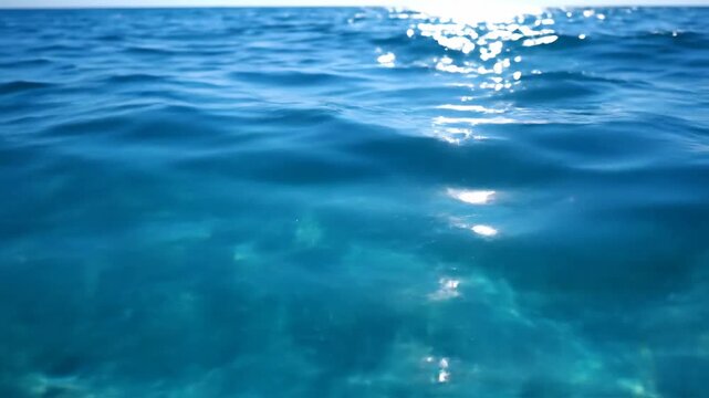 Bright sunlight reflects off ripples on a clear, blue ocean surface, slightly obscuring the underwater view