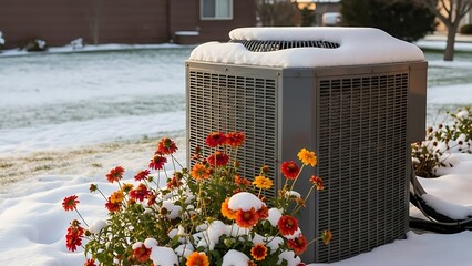 Snow covered air conditioning unit with colorful flowers in front