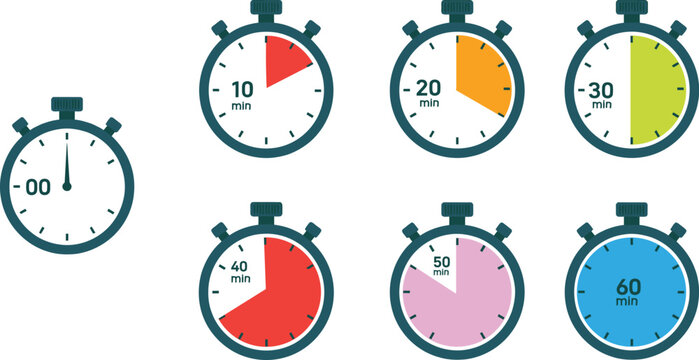 Colorful stopwatches illustrating various time intervals from zero to sixty minutes, perfect for timing, deadlines, and productivity concepts.