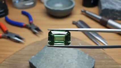 Green Gemstone Held by Tweezers on a Workbench with Tools