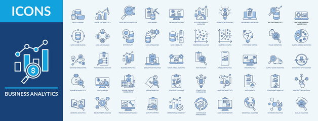 Business analytics - Icon Collection. Thin Line Blue Set contains such Icons as continuous improvement, quality control, customer segmentation and more. Simple web icons set
