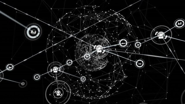 Animation of network of connections with icons over black background