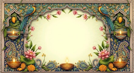 Obraz premium Premium Mughal Palace Wedding Background With Exotic Birds And Arches