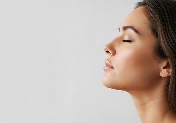 Fototapeta premium Young woman with closed eyes relaxing against light background 