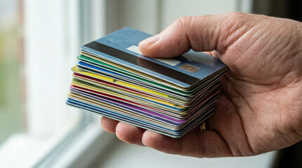 Hand holding stack of colorful credit cards near window, showcasing various designs and colors