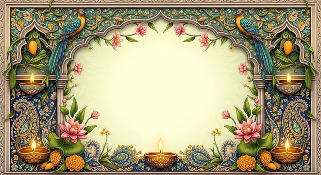 Premium Mughal Palace Wedding Background With Exotic Birds And Arches