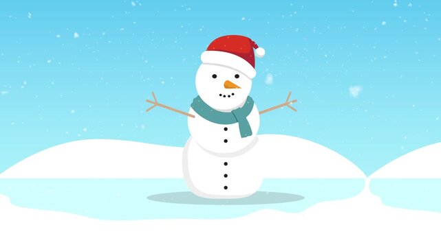 Cute Christmas Snowman Animation &ndash; Flat Vector Winter Wonderland Scene