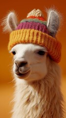 Obraz premium A white llama wearing a colorful hat