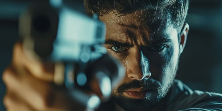 A man holding a gun with focused expression. He is sweating and appears to be in action. The background is dark and out of focus.