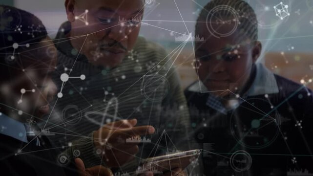 Animation of african american father with sons using tablet over data processing