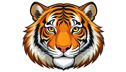 Fototapeta premium Orange tiger's head with black stripes and yellow eyes isolated on white. Fierce gaze and detailed fur texture