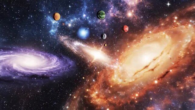 Cosmic galaxy and planets in outer space with bright stars and nebulae illustration