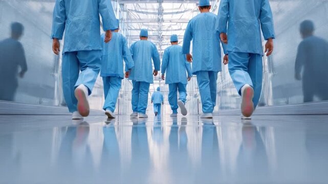 Teamwork in Focus: A determined team of healthcare professionals strides purposefully down a brightly lit corridor, highlighting collaboration and shared commitment to patient care.