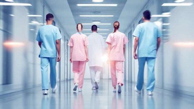 Healthcare Professionals in Motion: A team of dedicated healthcare professionals strides purposefully down a brightly lit hospital corridor.