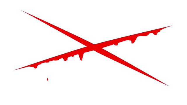 Cross cut wound with blood flowing isolated on white background.  A dramatic red sword cut tears through the surface, blood begins to drip, themes of battle, danger, trauma and intense confrontation.