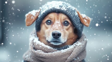 A dog wearing a winter scarf and hat in the snow.