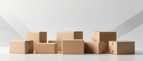 Stacked cardboard parcel boxes on clean studio background for delivery logistics ecommerce and warehouse concept