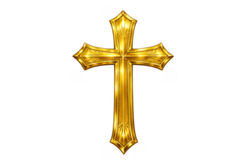 Golden ornate religious cross representing christianity, faith, hope, and spirituality on transparent background