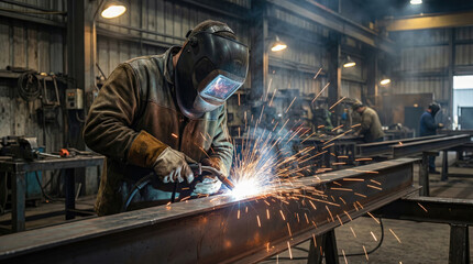 Welder working metal fabrication, sparks flying workshop environment, showcasing skill